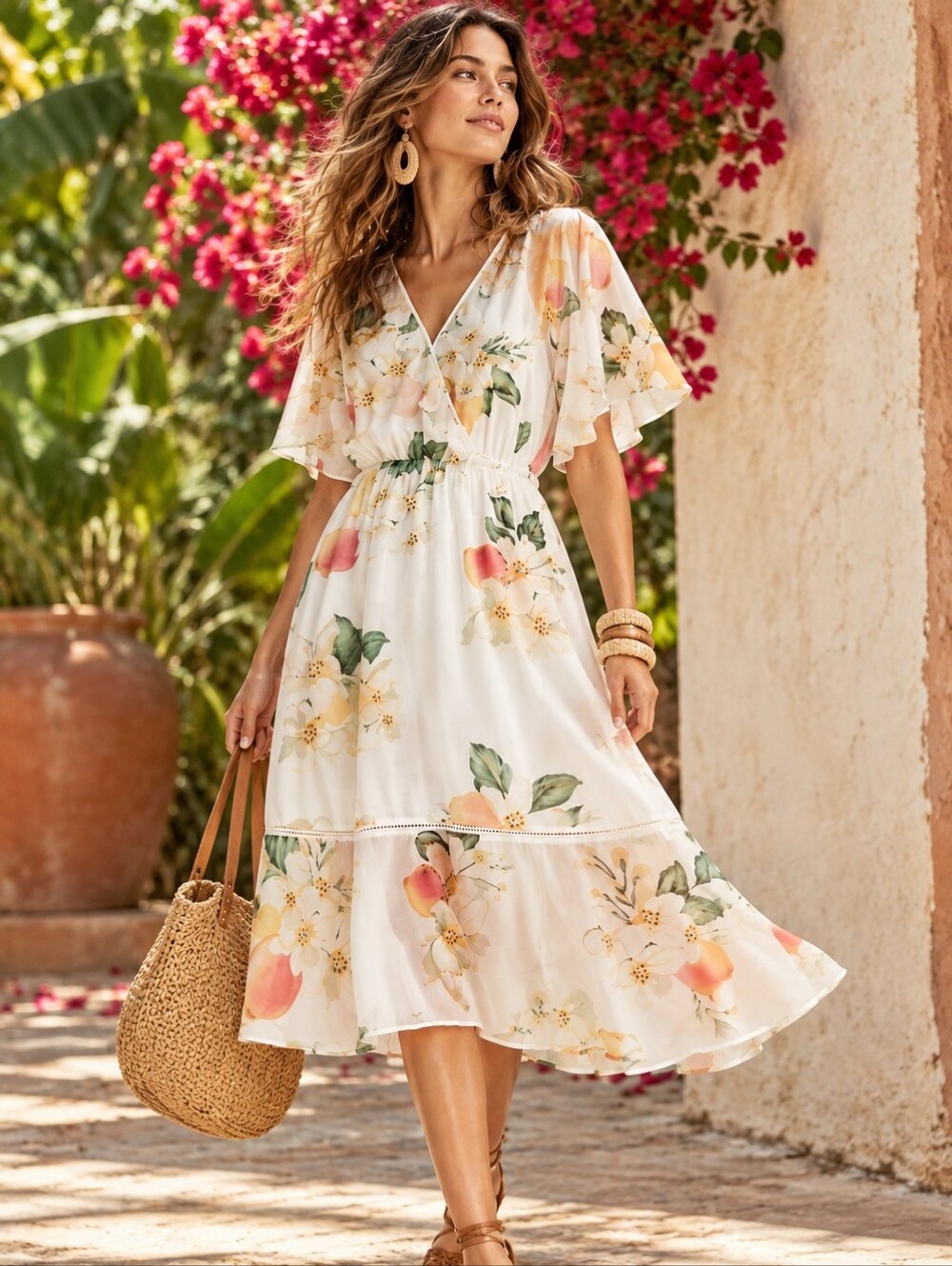 FARM RIO x ANTHRO Citrus Print Flutter Sleeve Eloisa Sheer With Slip Midi Dress